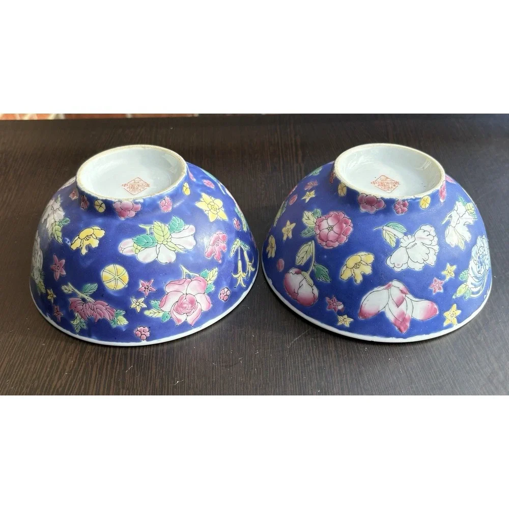 Set Of 2 Vintage Chinese porcelain bowls, likely in the Famille Rose Blue Floral